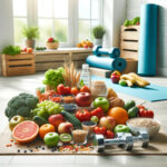 新鮮な果物、野菜、全粒穀物とダンベル、ヨガマット、水筒が調和した、健康的なライフスタイルを象徴する明るく清潔なシーン