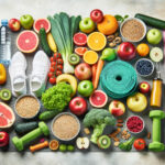 健康的な食品と運動器具が調和して配置されたシーン。フルーツ、野菜、全粒穀物、ダンベル、ヨガマットが含まれる、ダイエットと運動を組み合わせた健康的なライフスタイルを象徴する画像