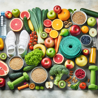 健康的な食品と運動器具が調和して配置されたシーン。フルーツ、野菜、全粒穀物、ダンベル、ヨガマットが含まれる、ダイエットと運動を組み合わせた健康的なライフスタイルを象徴する画像
