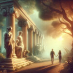 古代ギリシャの柱と背景にいる現代のカップルが描かれた、愛と哲学の本質を象徴する穏やかな画像