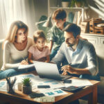 家族がホームオフィスで財務文書を見ながらラップトップで予算計画を立てている様子を表すフォトリアルな画像
