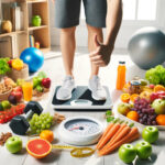 健康的な食品とフィットネス器具に囲まれた体重計の上でサムズアップをしているモチベーションの高い人物。ダイエットチャレンジ成功の象徴