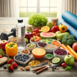 健康的な食品とフィットネス器具が調和して配置されたシーン。果物、野菜、全粒穀物、水筒がダンベルとヨガマットの周りに美しく並べられており、ダイエットと運動の組み合わせを通じた健康的なライフスタイルを象徴している