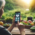 自然環境でスマートフォンを使用してヘルスケアアプリを活用している人の姿を捉えた写真。運動中や健康的な食事の準備中に、技術が健康維持にどのように役立っているかを示す、モチベーショナルな雰囲気の画像。