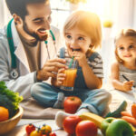 子どもたちが栄養価の高い食事を取っている場面、または医者のオフィスで健康診断を受けている光景を捉えた、子どもたちの健康ケアを象徴するポジティブな雰囲気の写真