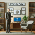 心理学の書籍と資格証明書が飾られたオフィススペースで、プロフェッショナルな服装をした専門家が立っている様子