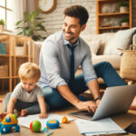 家でラップトップで仕事をする親と、隣でおもちゃで遊ぶ子どもの様子を捉えた写真。仕事と子育てのバランスを象徴する、和やかで生産的な雰囲気が感じられるシーン。