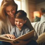 家庭の暖かい環境で一緒に本を読む親子の優しい瞬間を捉えた写真。親子が学習と絆を深める様子が描かれており、家族教育の大切さを象徴しています。