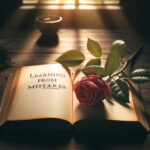 愛の失敗から学ぶ概念を象徴する、木製のテーブルの上に開かれた本とそばに横たわる少ししおれたバラの写真