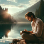 湖畔で日記を熟考している人物の写真。静寂と自然が漂う風景が、自己反省と感情の成長を象徴している。