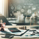 現代的なオフィス環境に置かれた金融チャート、電卓、貯金箱が映し出された、投資と税戦略の計画を象徴するプロフェッショナルな写真