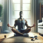 トレーニング後に瞑想する人の写真。平和な部屋で落ち着いて座り、心の平穏と精神的な明晰さを追求している様子を表しています。