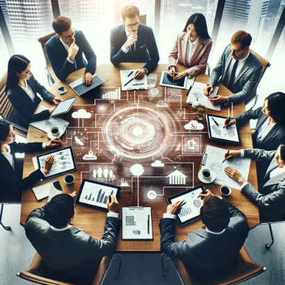 現代のオフィス環境で多様なグループが丸いテーブルを囲み、デジタルタブレットとメモを使用しながら転職に向けた戦略計画とキャリア開発について協力してブレインストーミングしている様子